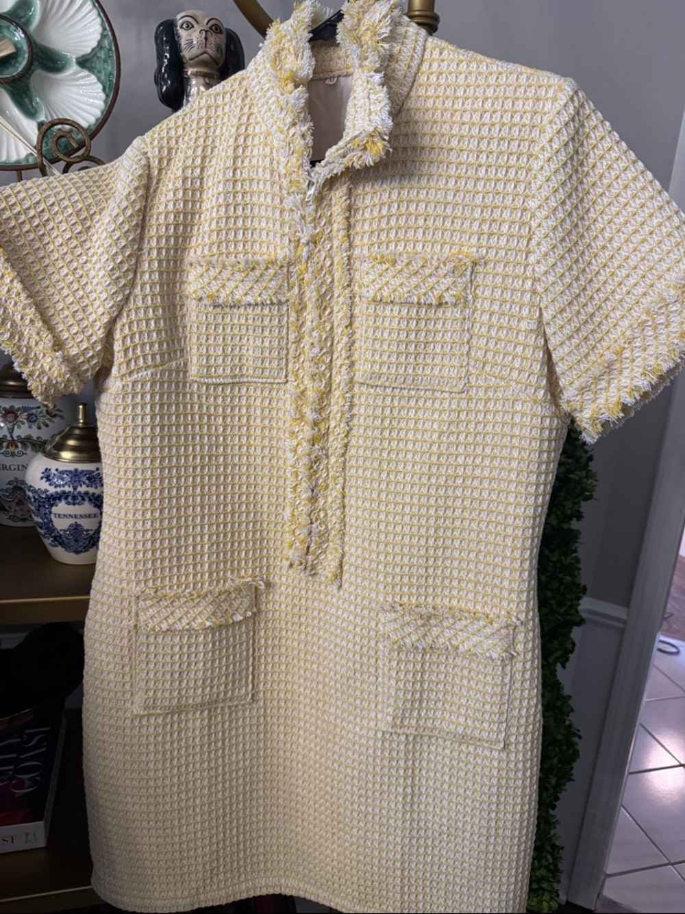 Amazon Yellow and White Textured Tweed Short-Sleeve Dress